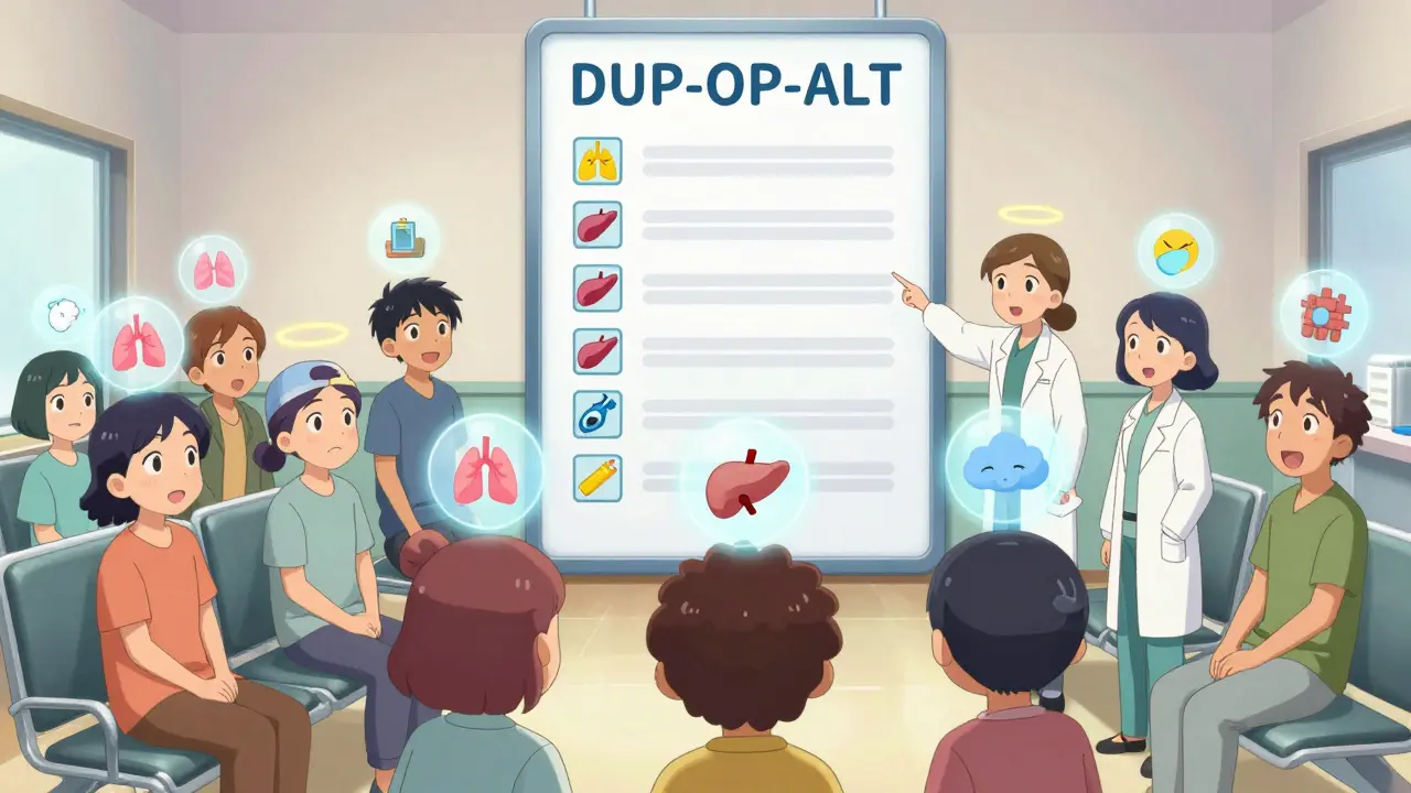 A group of patients in a clinic with health condition icons above their heads, guided by a glowing DUP-OP-ALT checklist.