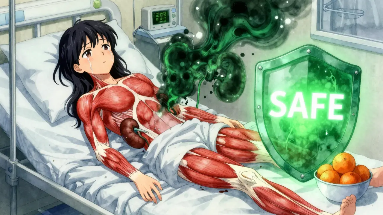 A hospitalized patient shows muscle damage from grapefruit-statin interaction, while oranges glow safely nearby.
