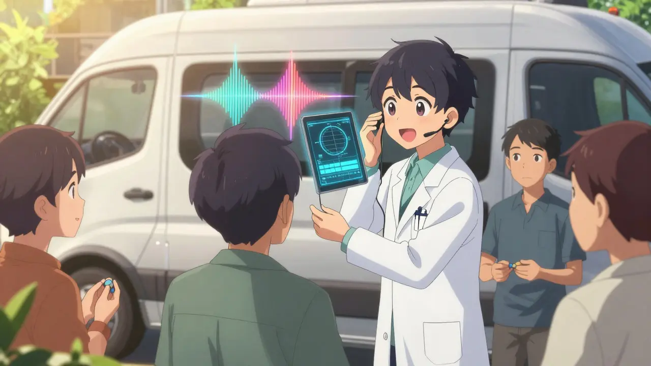 A mobile testing van offers audiometric exams under golden sunlight, with workers waiting calmly outside.