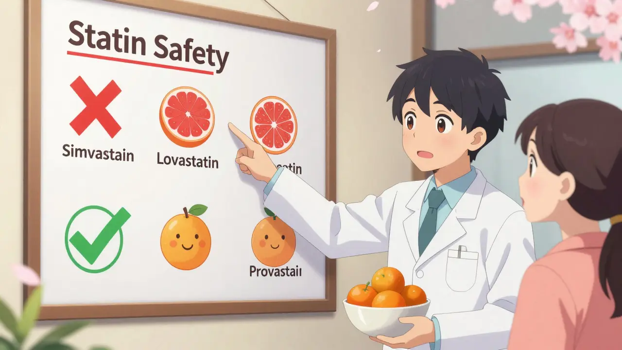A pharmacist explains statin safety using a colorful chart, with grapefruit marked red and safe citrus green.