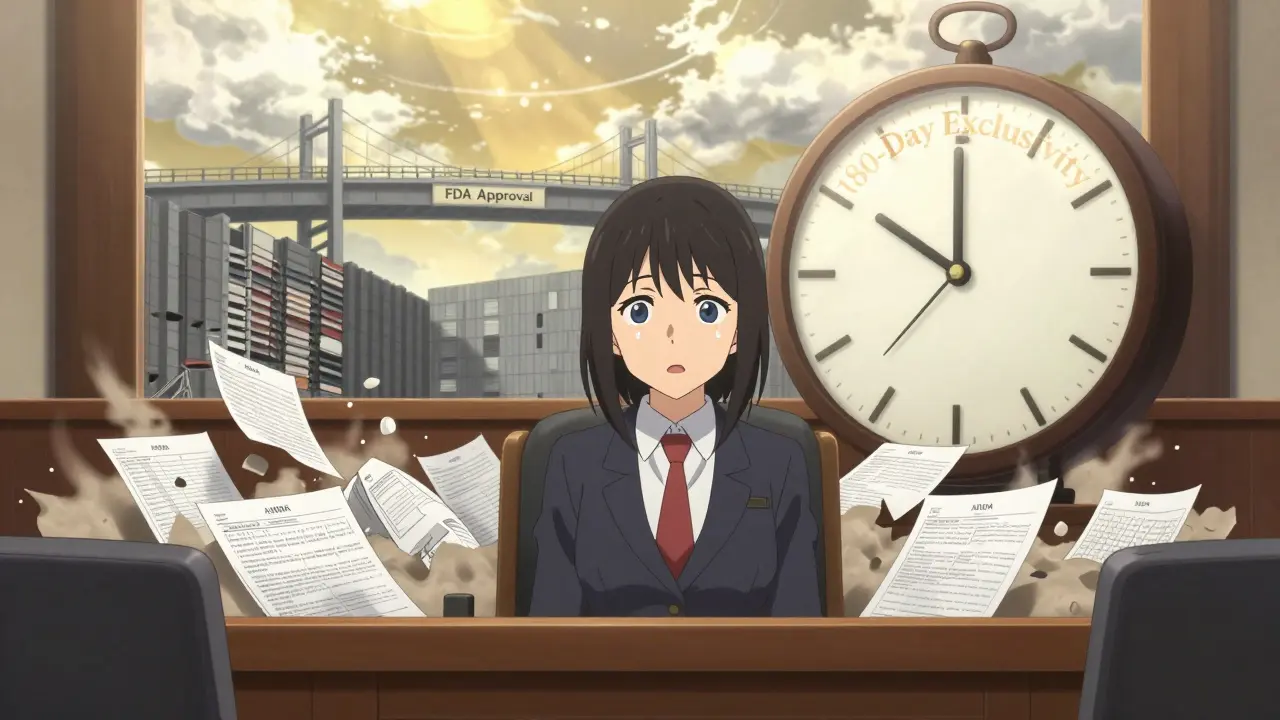 A young lawyer faces a giant 180-day clock in court, with incomplete paperwork crumbling and approval blocked.