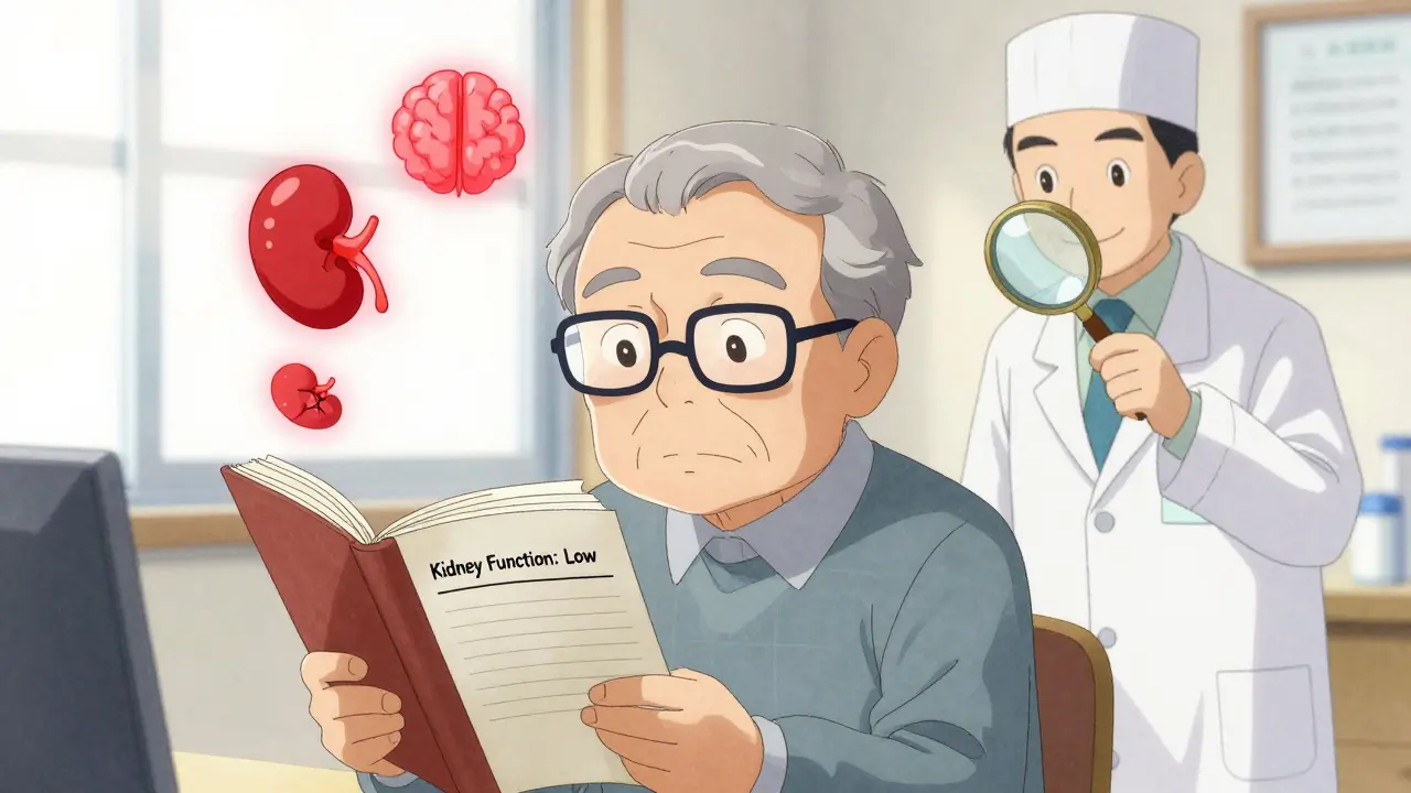 An elderly man reviewing his medication log with a pharmacist as warning symbols glow around him.