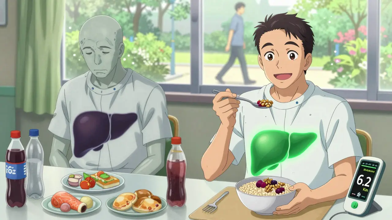 Before-and-after transformation of a man with liver disease, showing dietary improvement and glowing liver health.