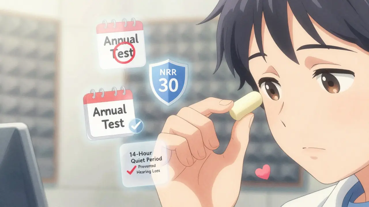 Close-up of a hand correctly inserting an earplug, with floating icons showing proper hearing protection steps.