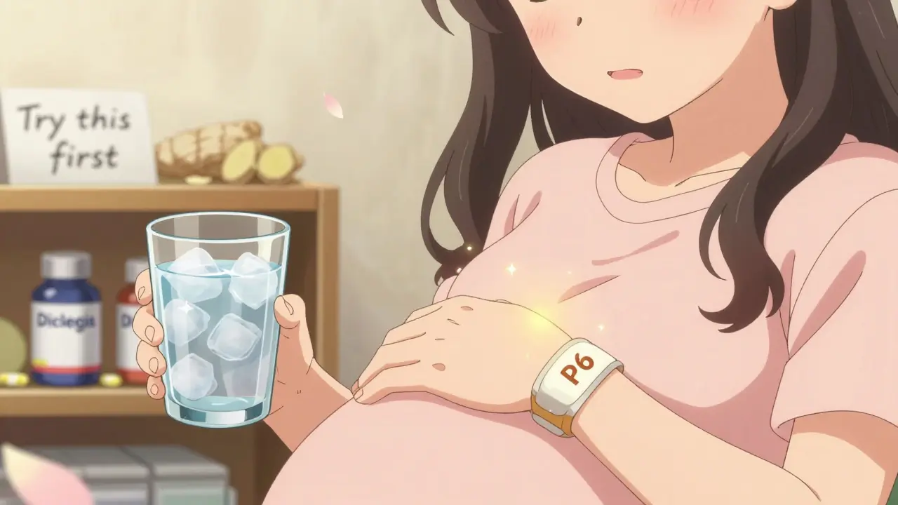 Close-up of acupressure band on wrist with ice water, symbolizing natural relief.