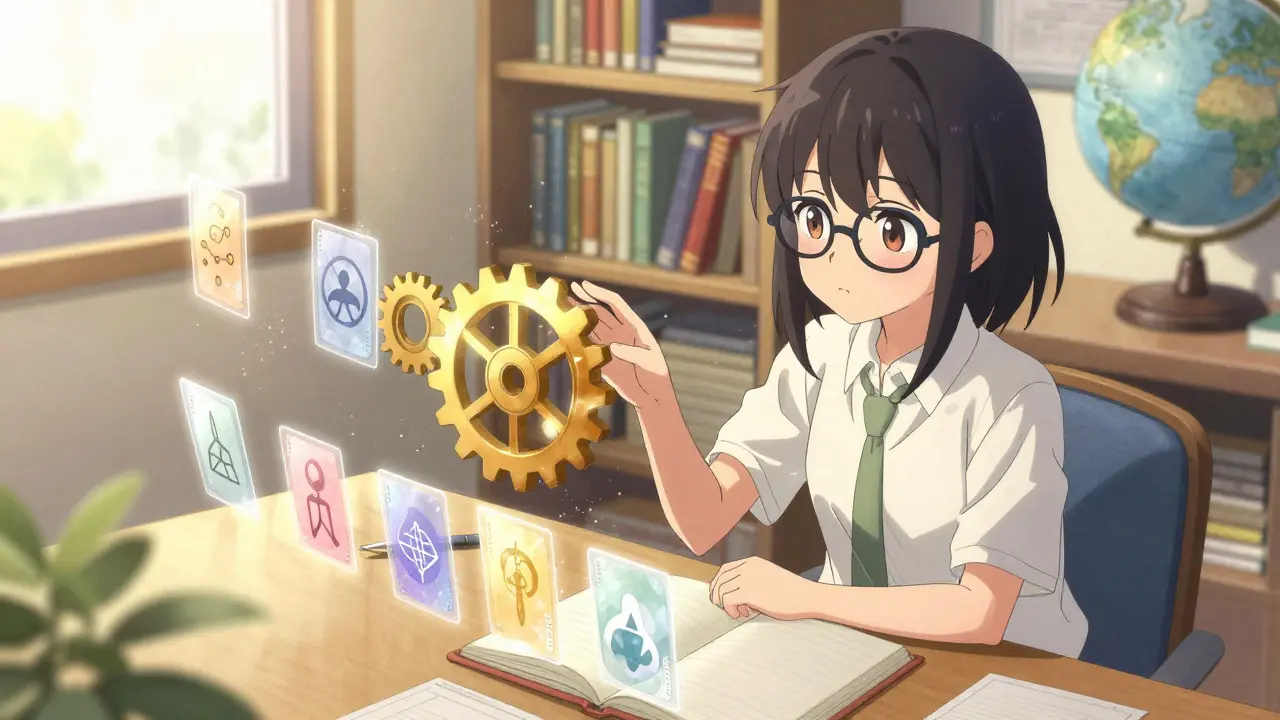 Cute character examining abstract symbols of cultural dimensions and behavioral frameworks.