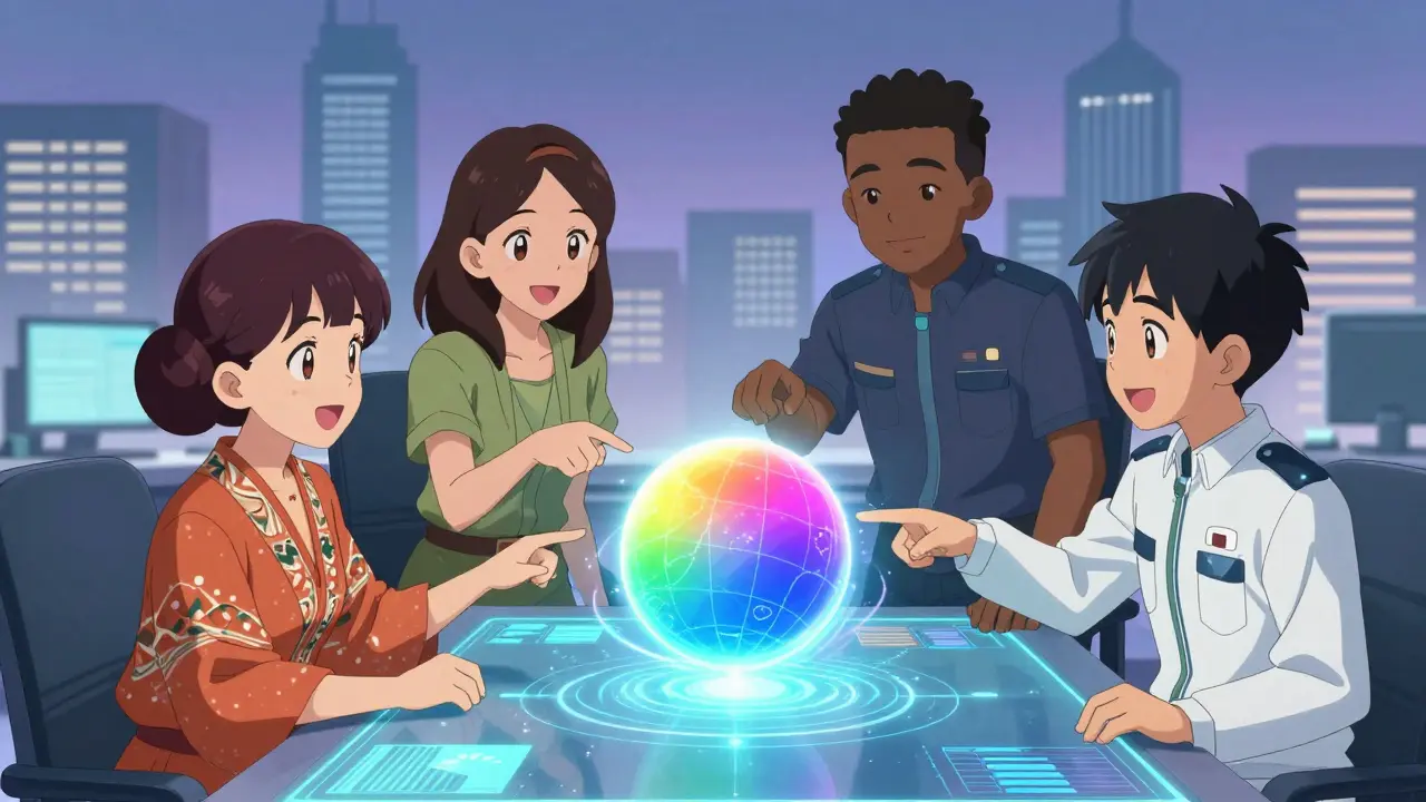 Diverse anime team collaborating around a holographic table showing adaptive technology.