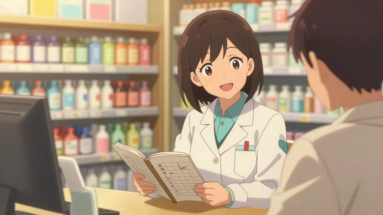 Friendly pharmacist advising patient with symptom diary notebook.