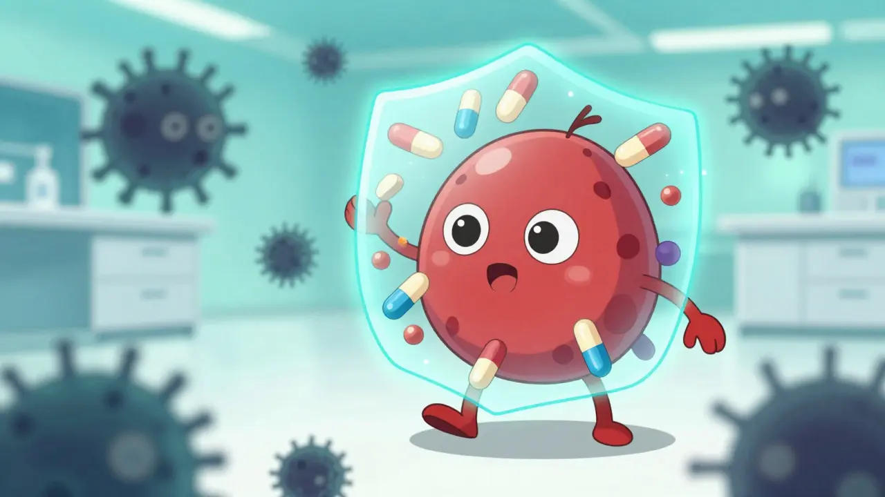 Manga style illustration of red blood cell shielding against bacteria.