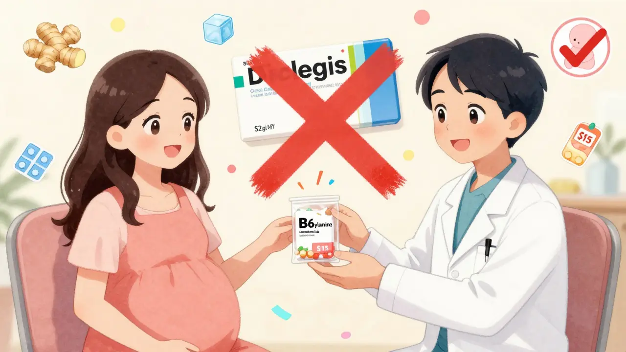 OB-GYN handing affordable OTC pills to patient, with expensive option crossed out.