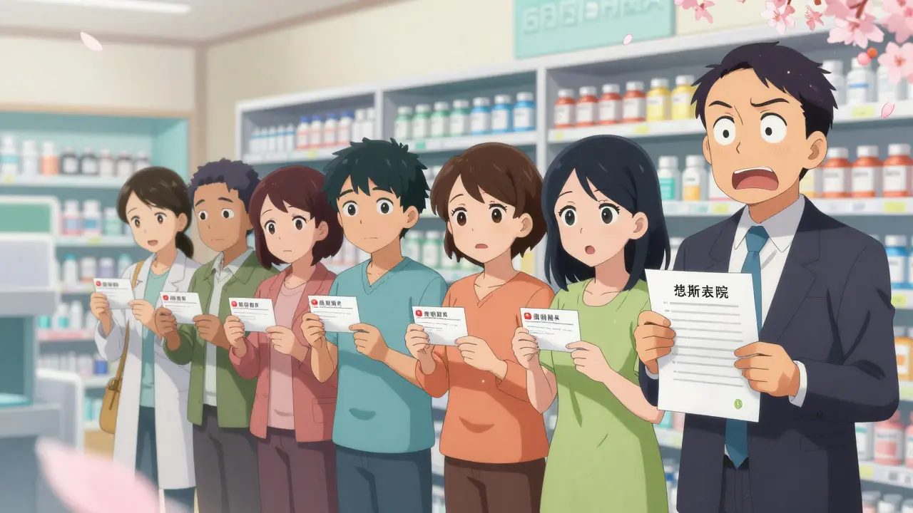 Patients line up for prescriptions; only one gets a cheap generic while others face high-priced brand drugs.