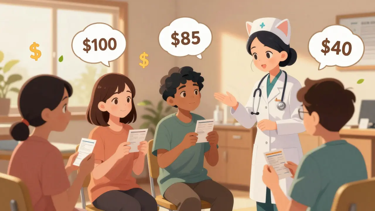 Patients with thought bubbles showing different drug prices, a nurse explaining the cost difference in a clinic.