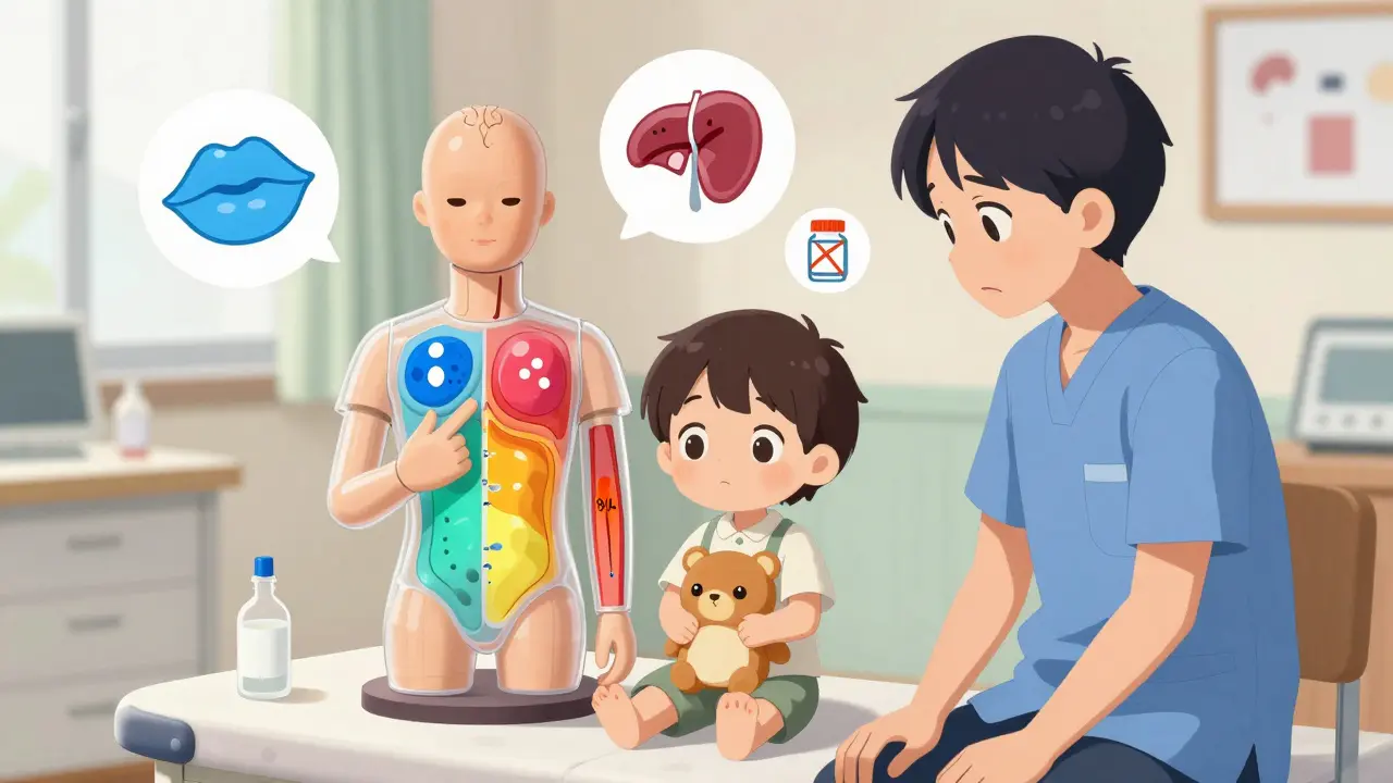 Pediatrician explaining topical medication safety using a child mannequin with visual absorption zones and warning icons.