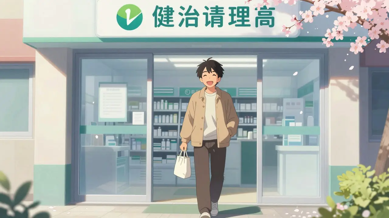 Smiling patient leaving a pharmacy building on a sunny day.