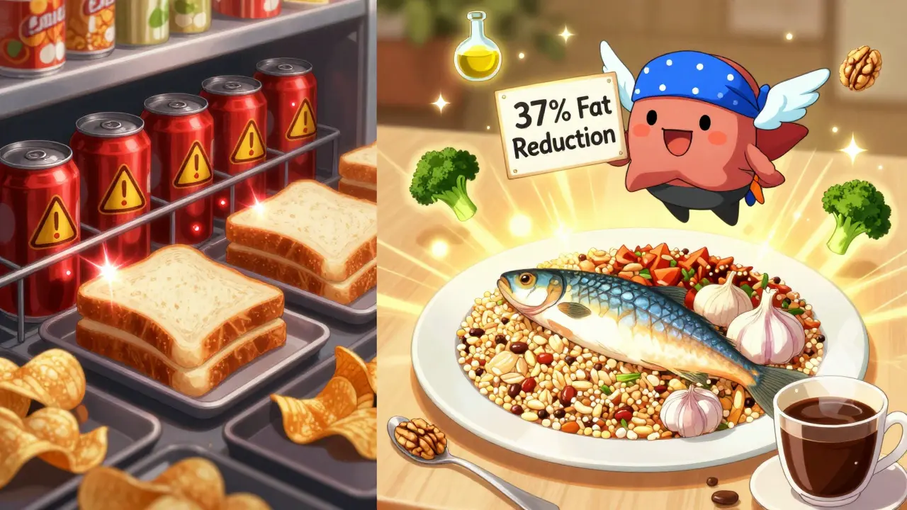 Split-screen: unhealthy junk food on left, glowing healthy liver foods on right with a smiling liver character.