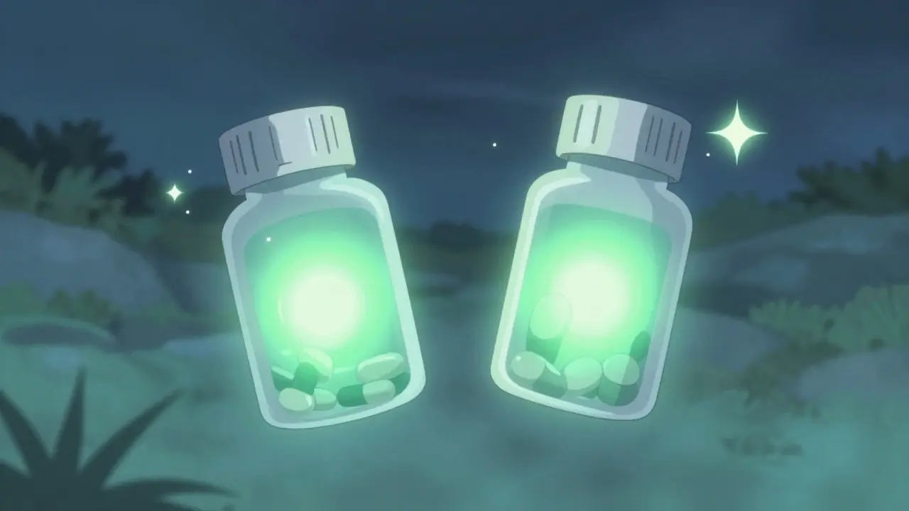 Two medicine bottles glowing with matching light energy inside.