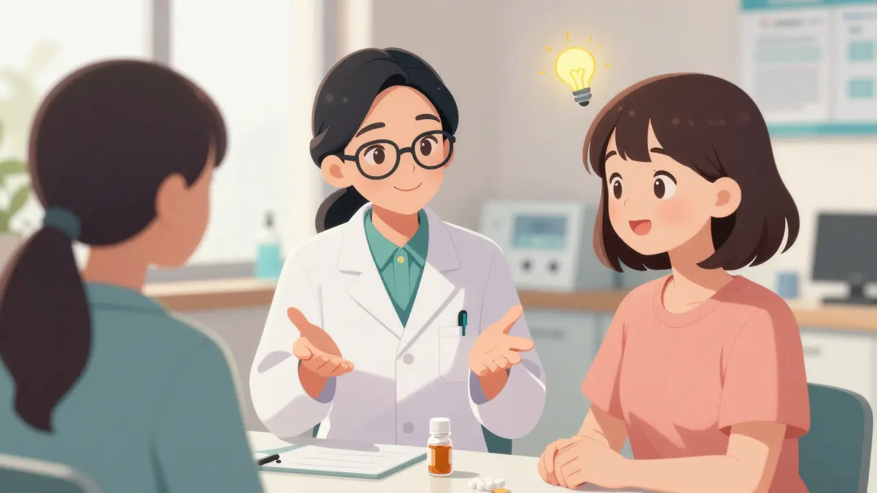 A kind pharmacist and a patient practicing the teach-back method in a bright clinic