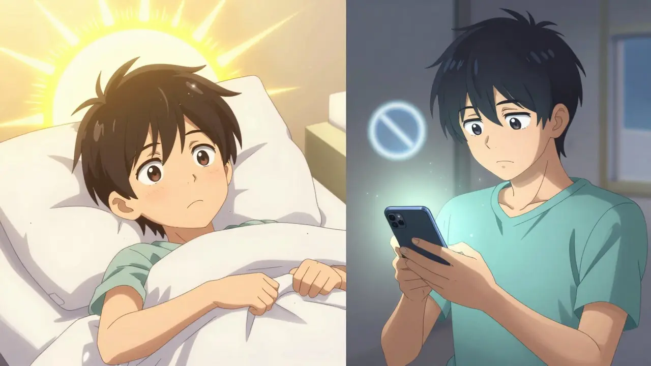 Anime character experiencing bright morning light and turning off a phone at night