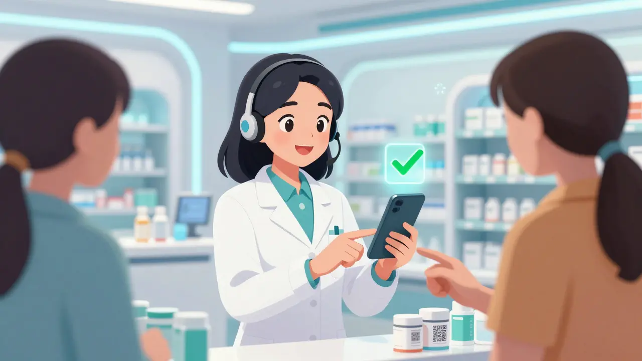 Anime pharmacist helping a customer verify medication safety using a QR code scanner.