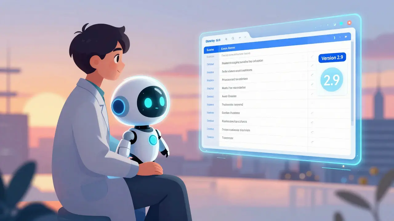 Anime researcher and a small AI robot reviewing digital drug data exports together