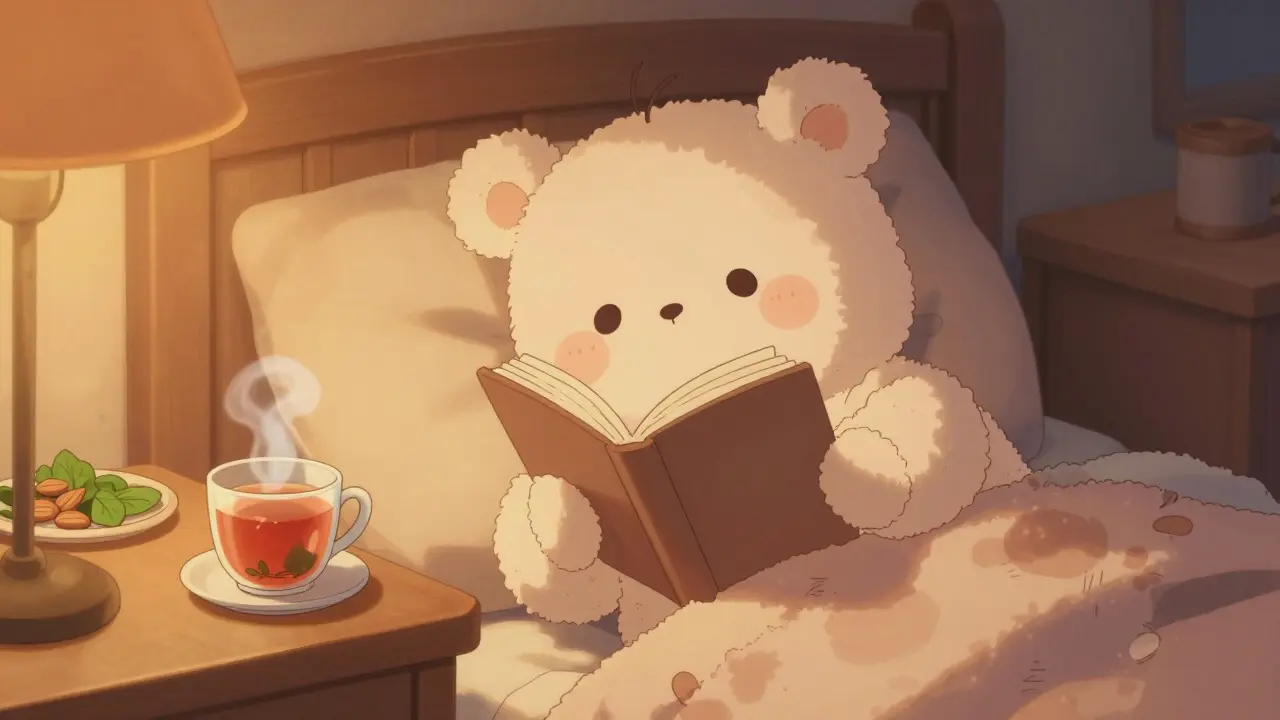 Cute anime character in pajamas reading a book in a cozy, warmly lit room