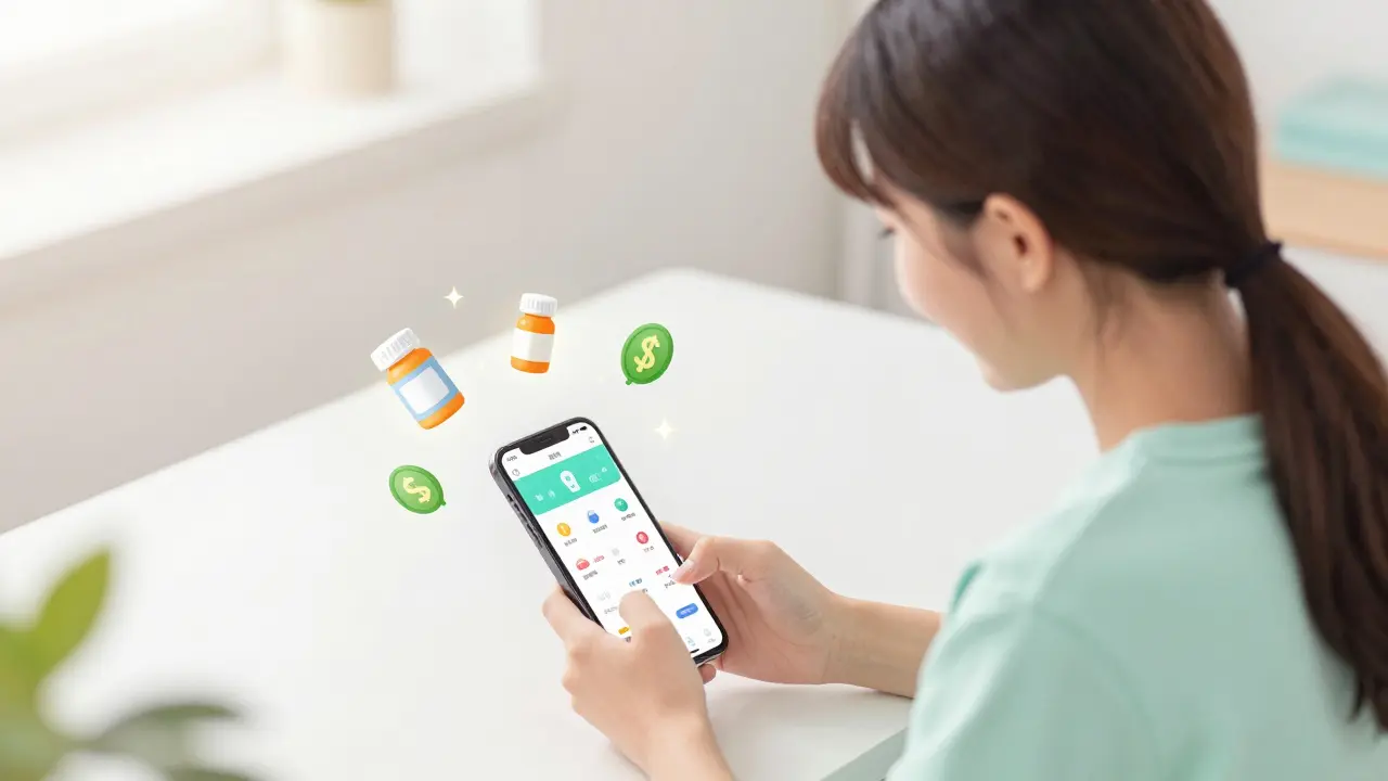 Cute anime girl finding cheap medication prices on her smartphone.