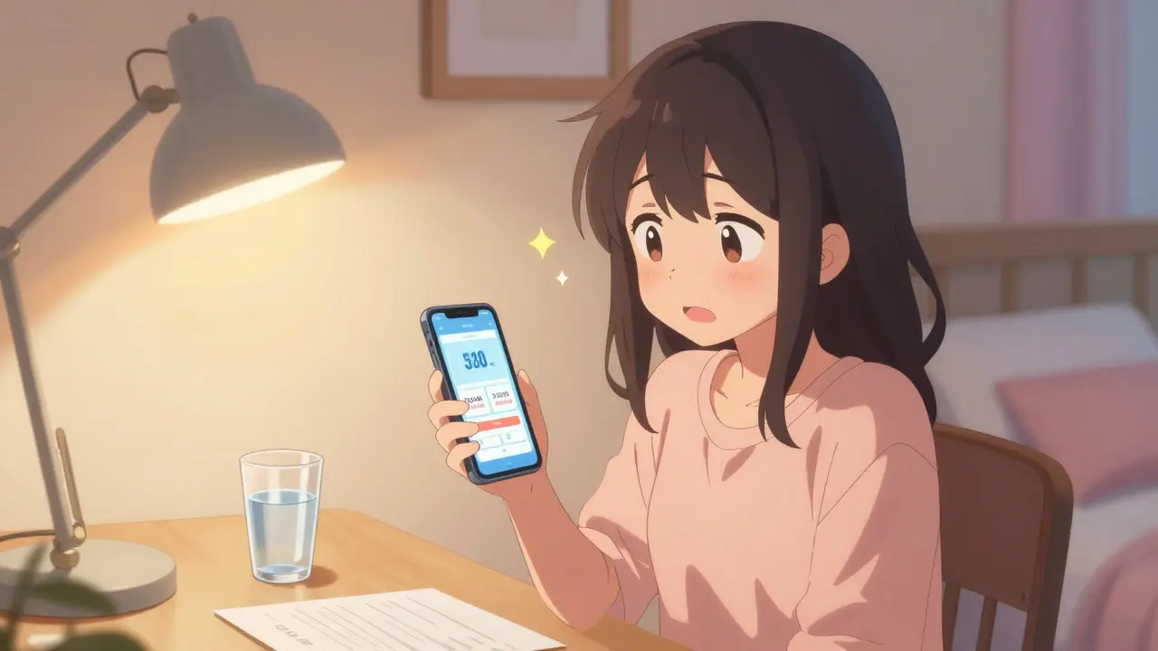 Cute anime girl smiling with relief while using a medication discount app on her phone.