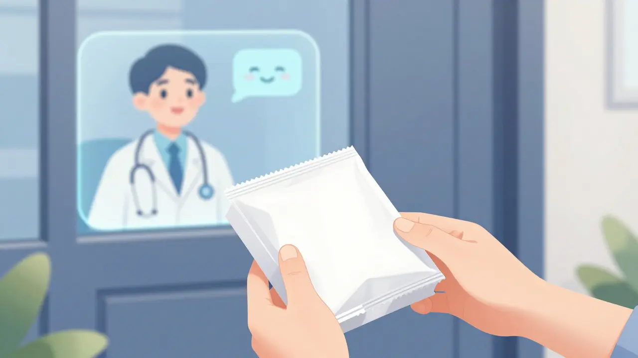 Cute anime hands picking up a delivered medication package from a door