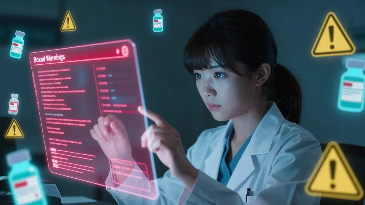 Cute anime researcher using a holographic interface to search for drug boxed warnings