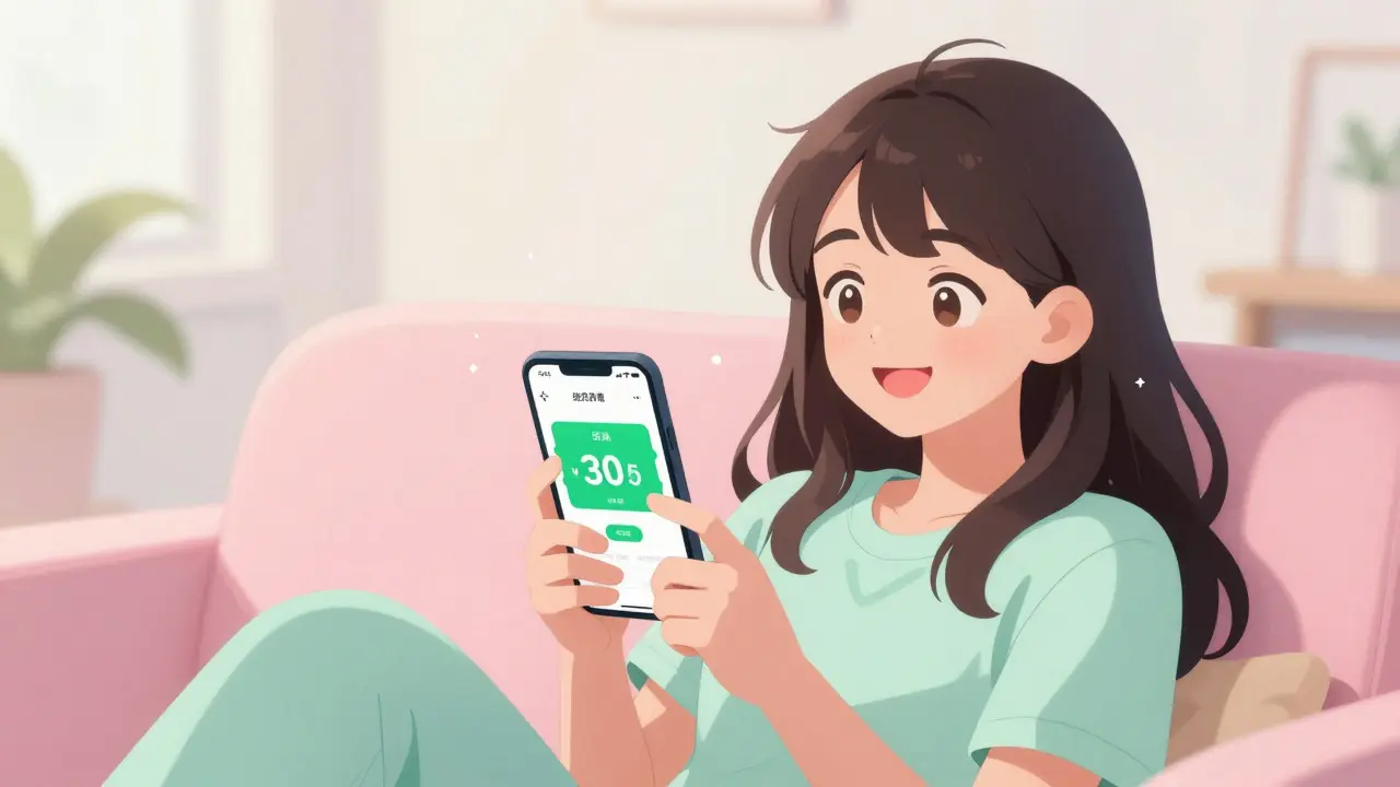 Happy anime woman using a discount app on her phone to save money