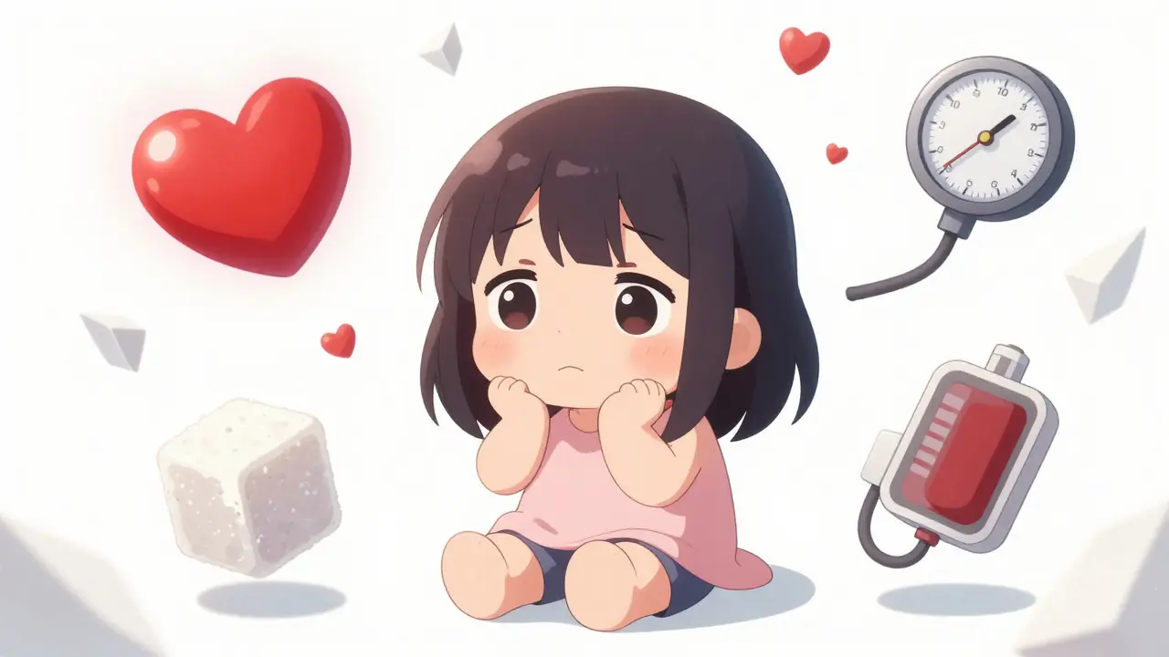 Moe style anime character surrounded by stylized heart and glucose symbols