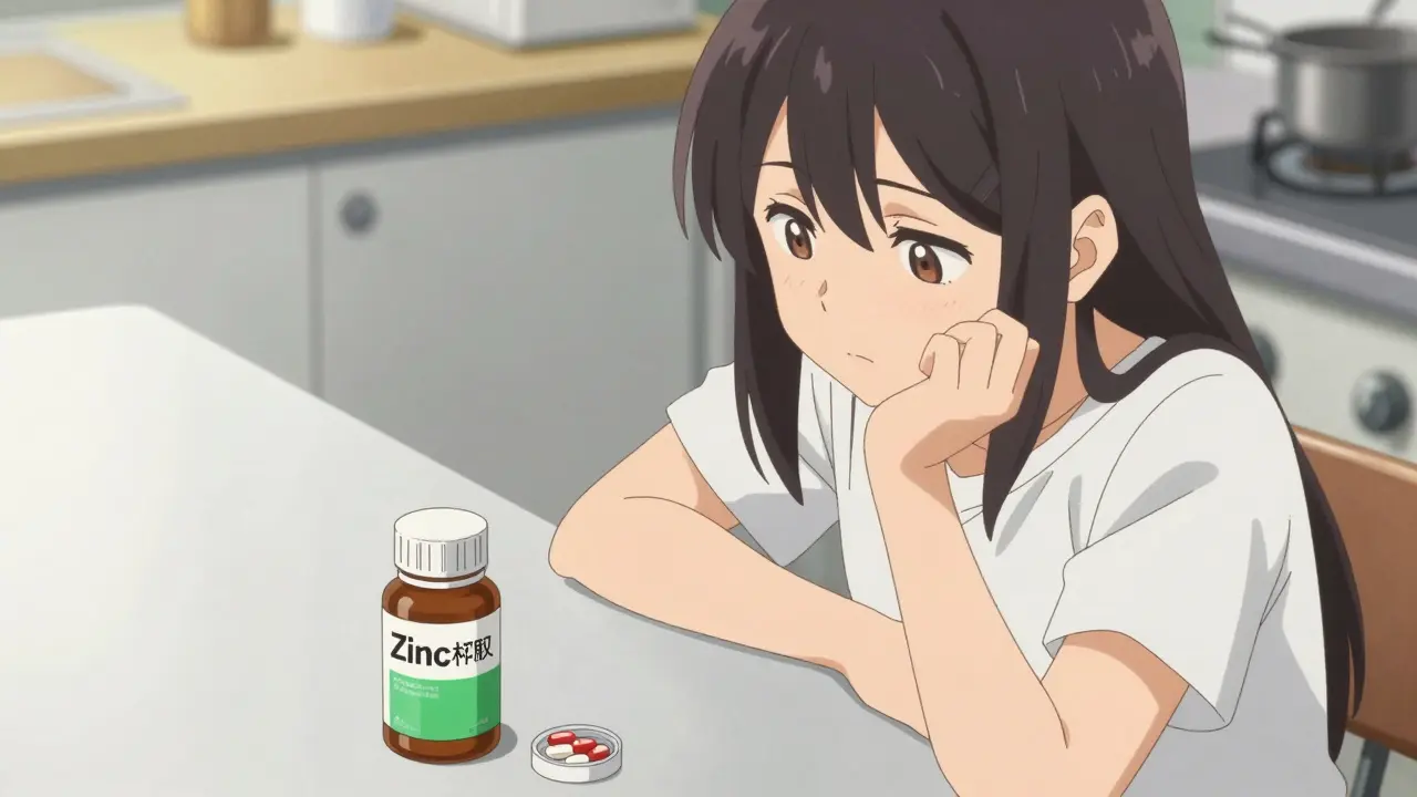 Moe style anime girl cautiously checking her supplements next to her medication.