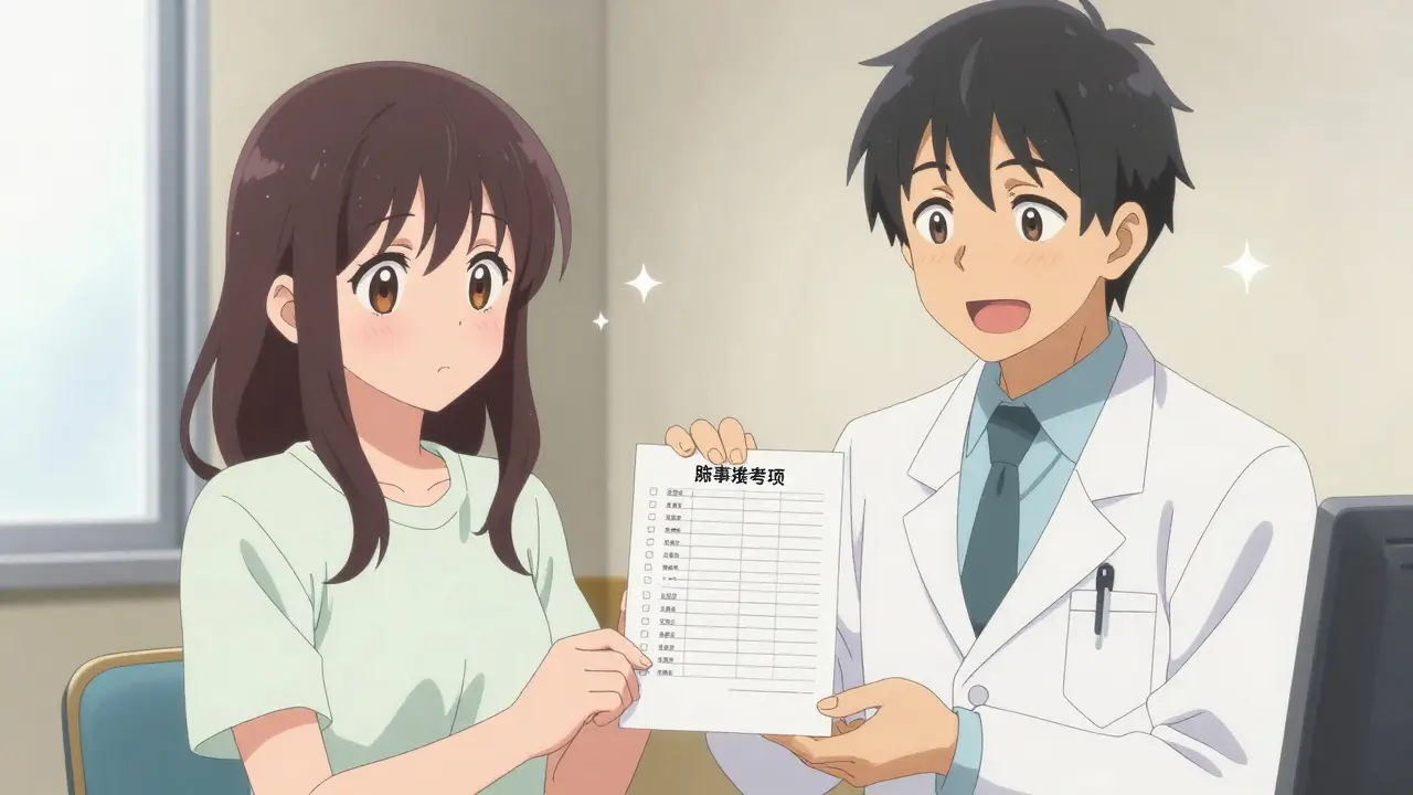 Moe style anime girl handing her medication list to a friendly doctor in a bright clinic