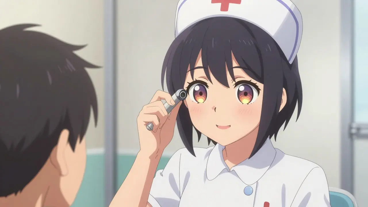 Moe style anime nurse performing a neurological pupil check on a patient in a clinic.
