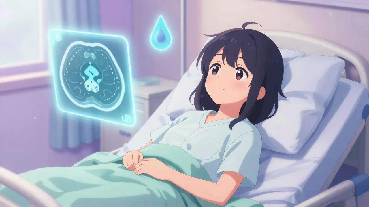Moe style anime patient resting in a hospital bed with floating medical symbols around them.