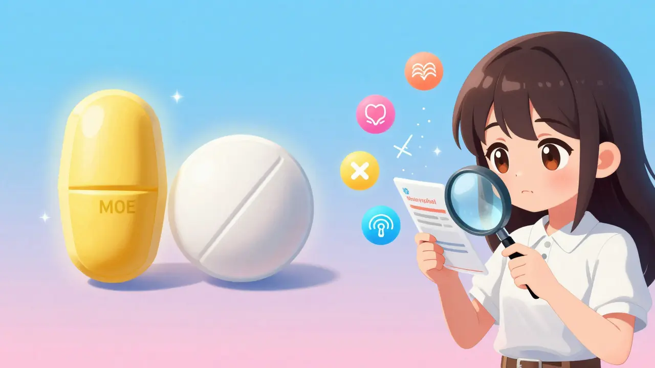 Moe style illustration of a girl studying medication labels with symbols of health literacy