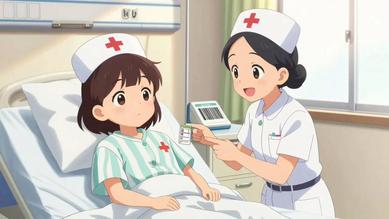 Moe style nurse explaining a medication label to a patient in a hospital bed