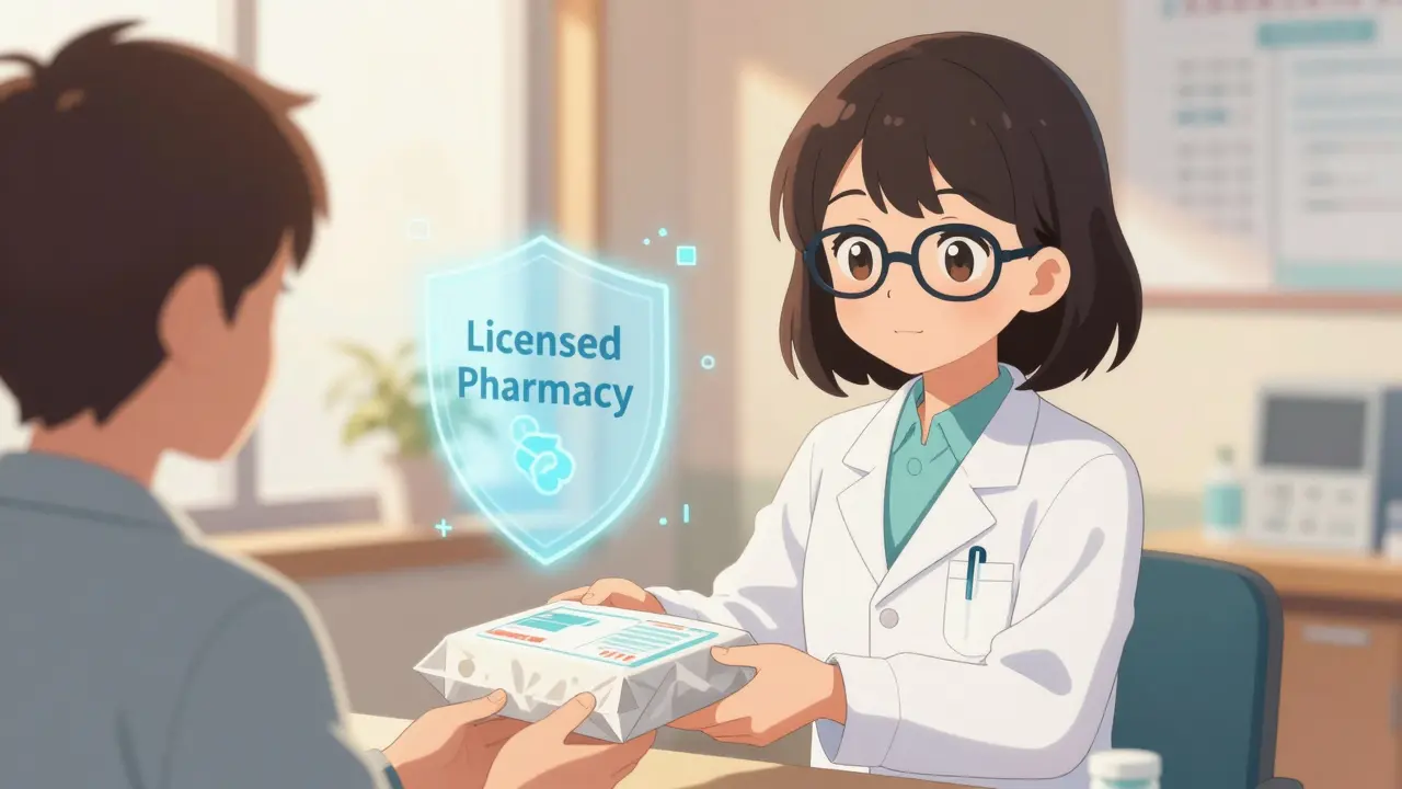Moe style pharmacist safely handing a prescription package to a patient.
