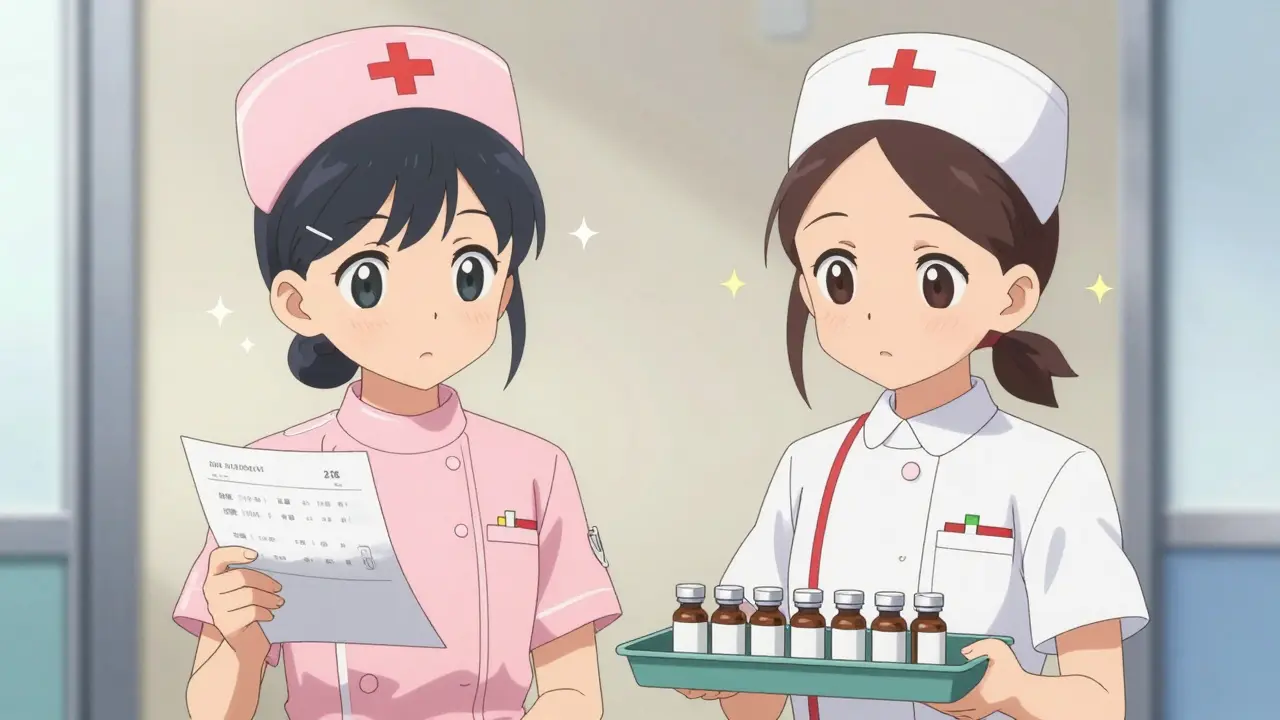 Two cute anime nurses performing a double-check of high-alert medicine