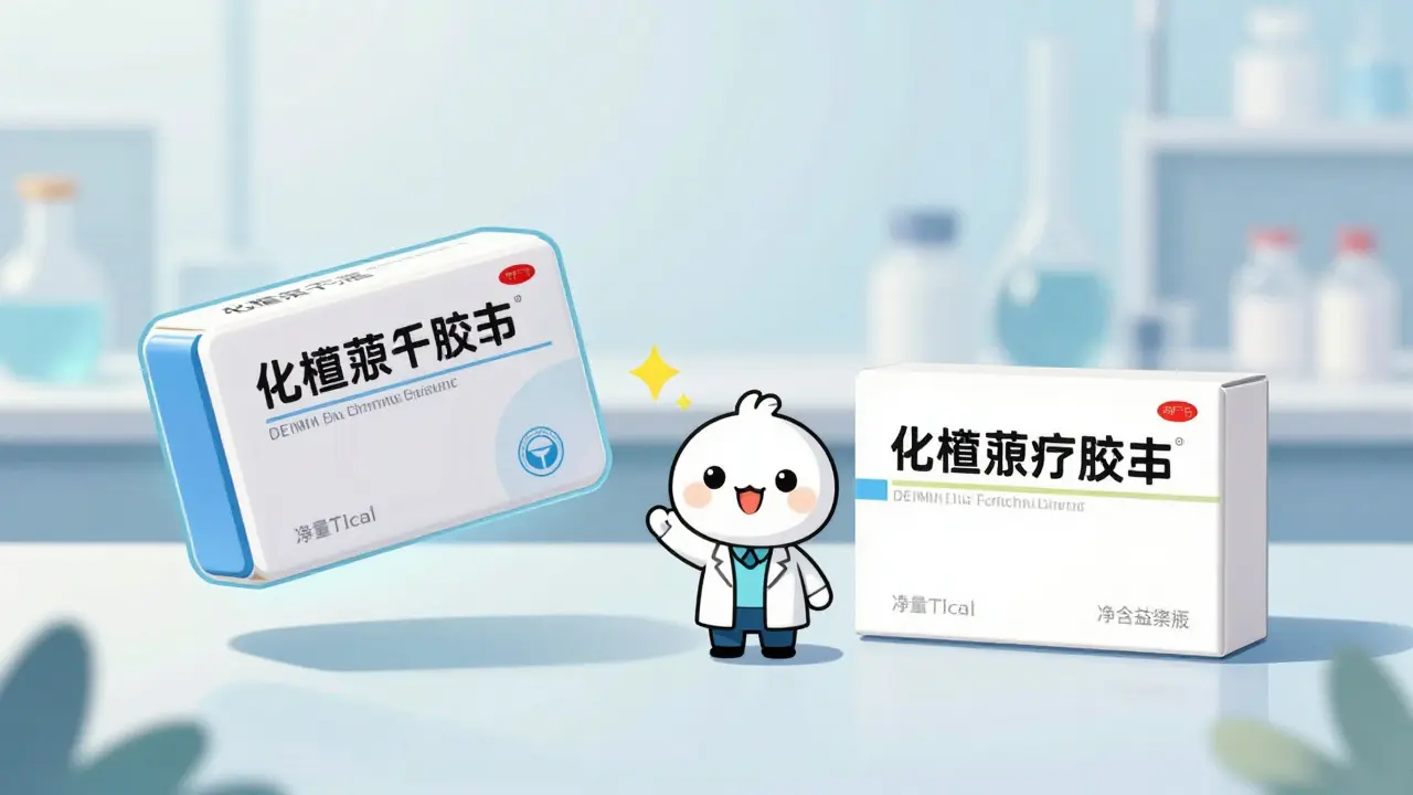 Anime character comparing identical brand and authorized generic drug boxes.