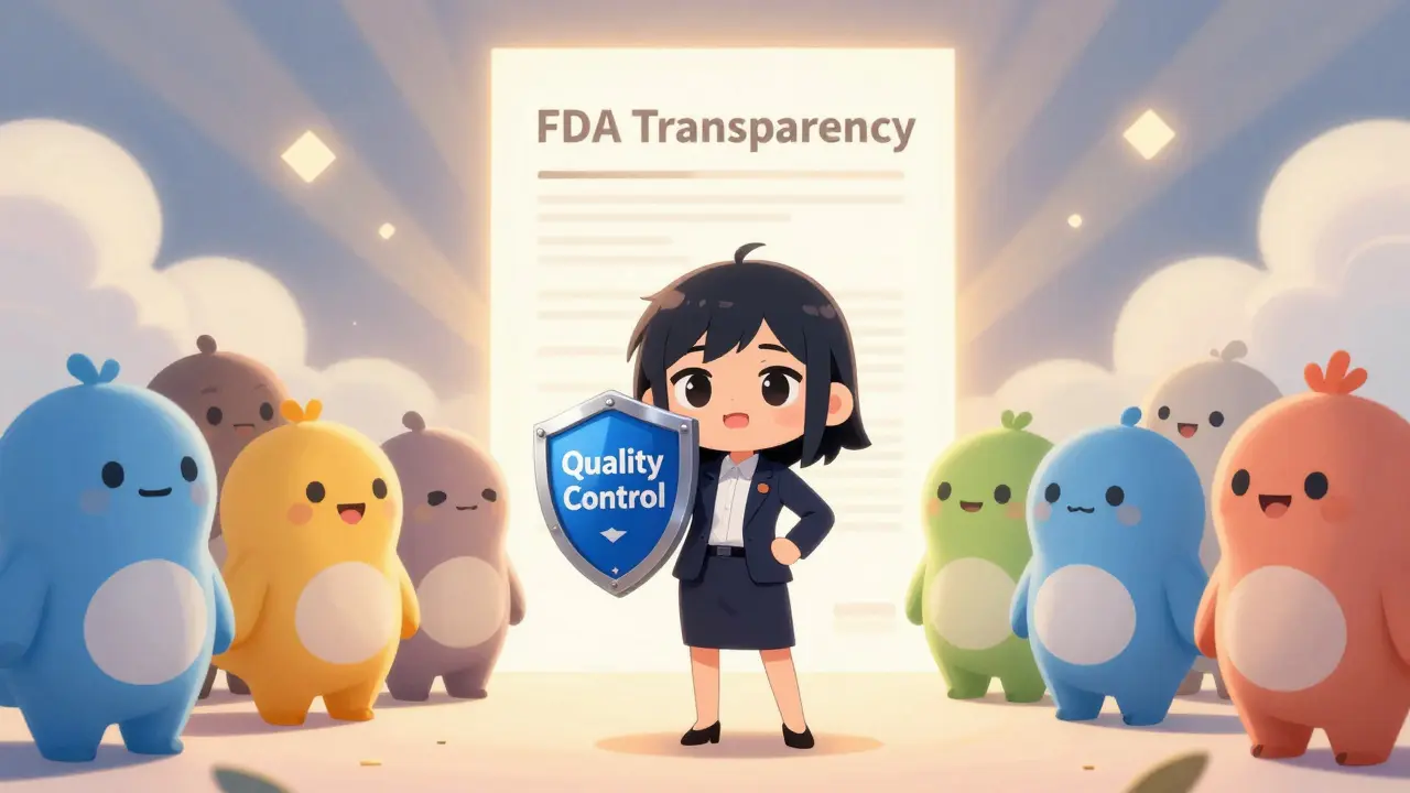 Anime character holding a quality control shield amidst brand and generic competitors under transparent FDA rules.