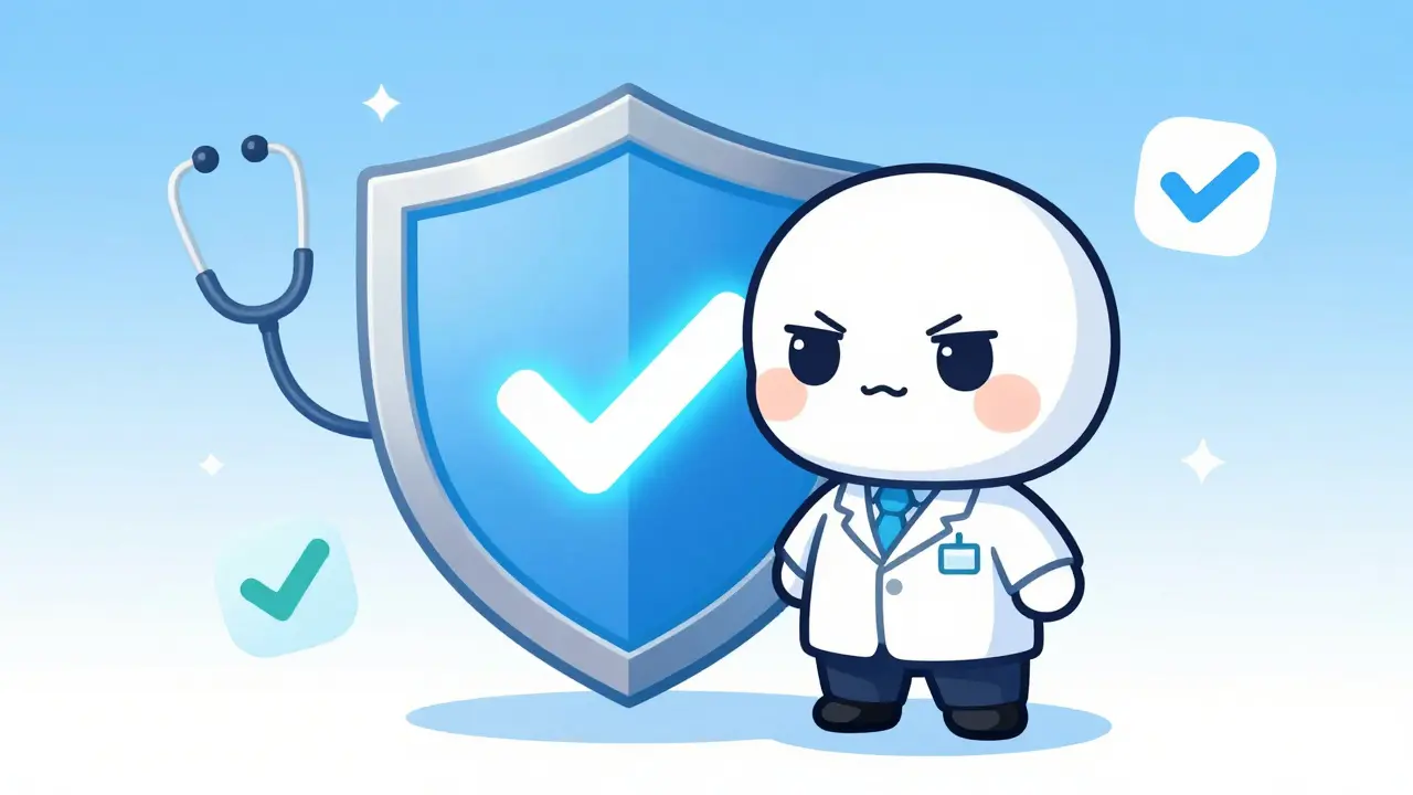 Anime character standing by a glowing shield symbolizing safe online medication purchasing.