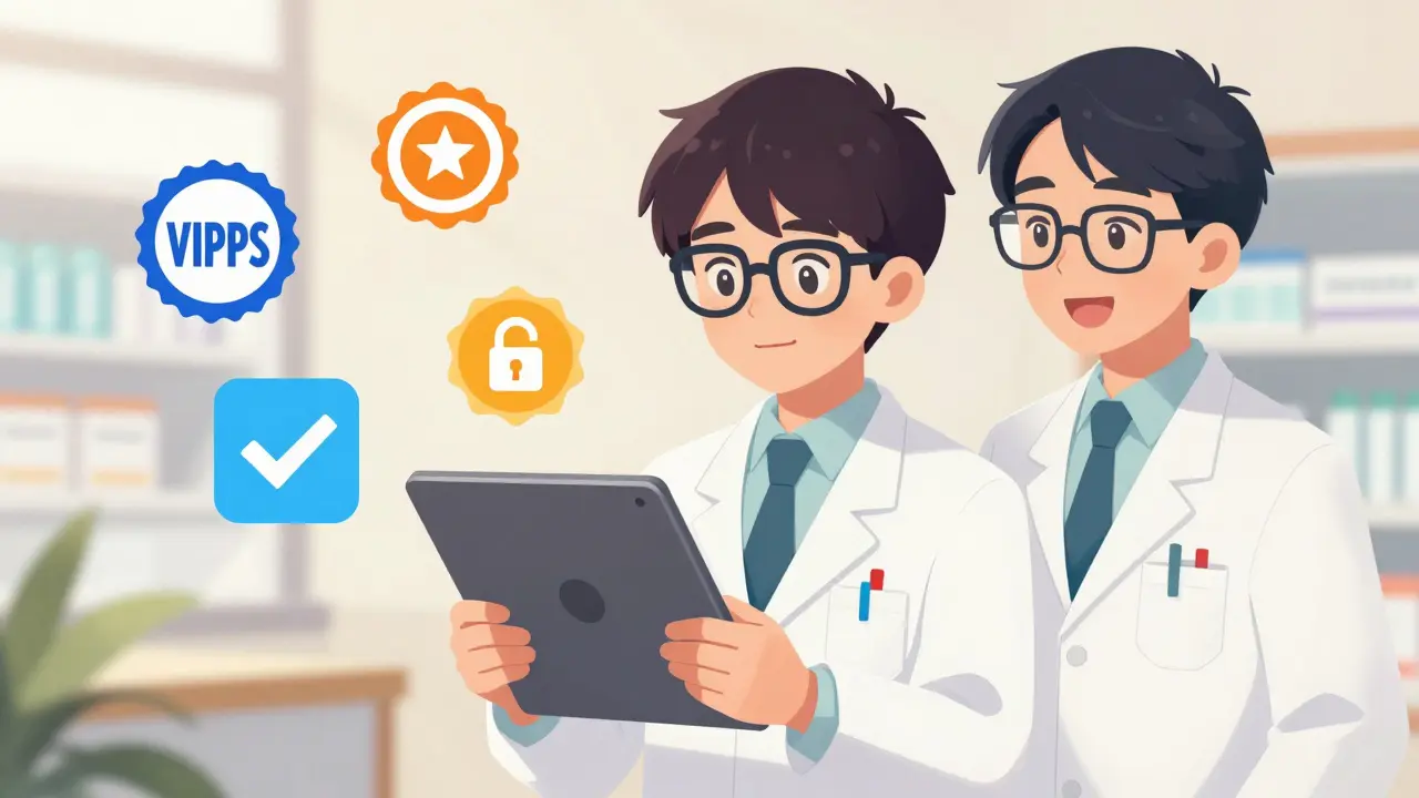 Anime pharmacist showing safe online pharmacy icons on tablet