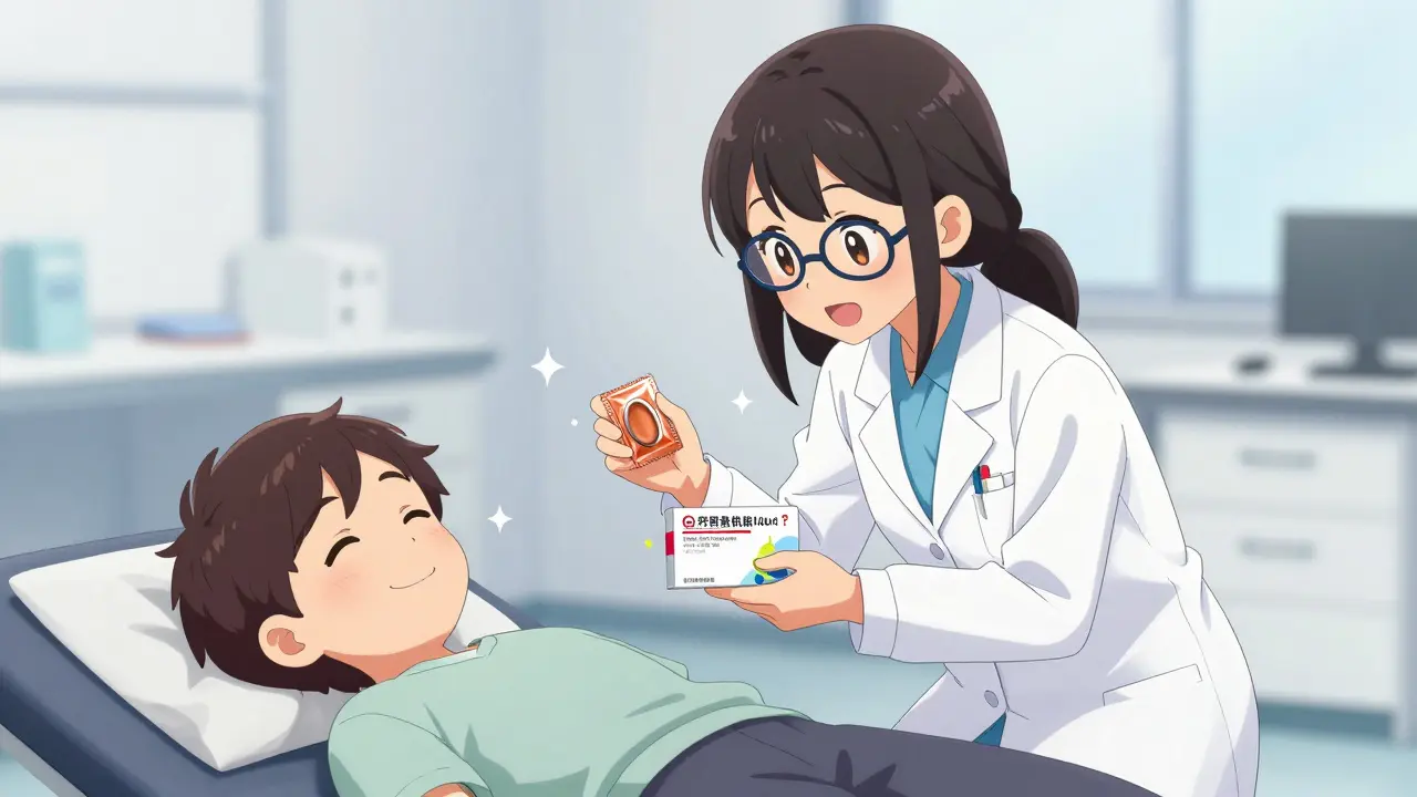 Friendly anime doctor recommending IUDs to a relieved patient in a clinic.