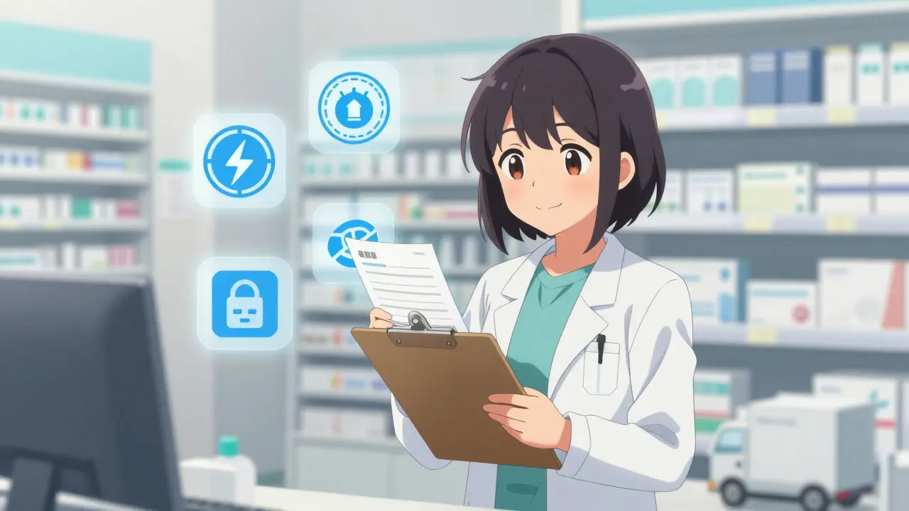 Friendly anime pharmacist verifying prescription safely