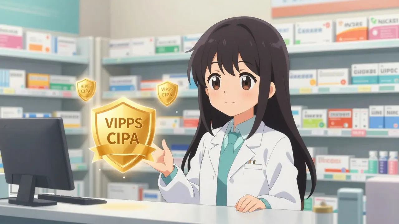Friendly anime pharmacist with floating safety verification shields
