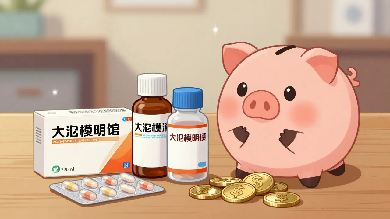 Generic meds next to piggy bank showing savings