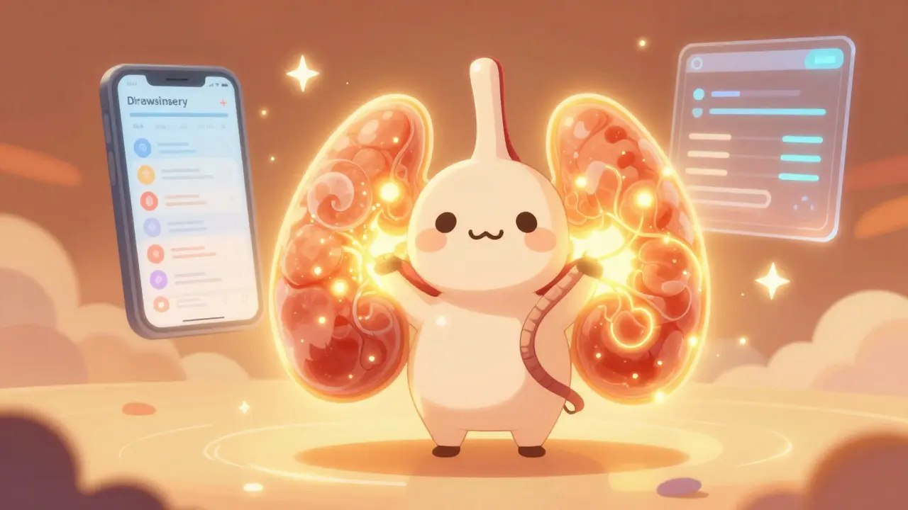 Glowing adrenal glands and medical tech interface symbolizing recovery