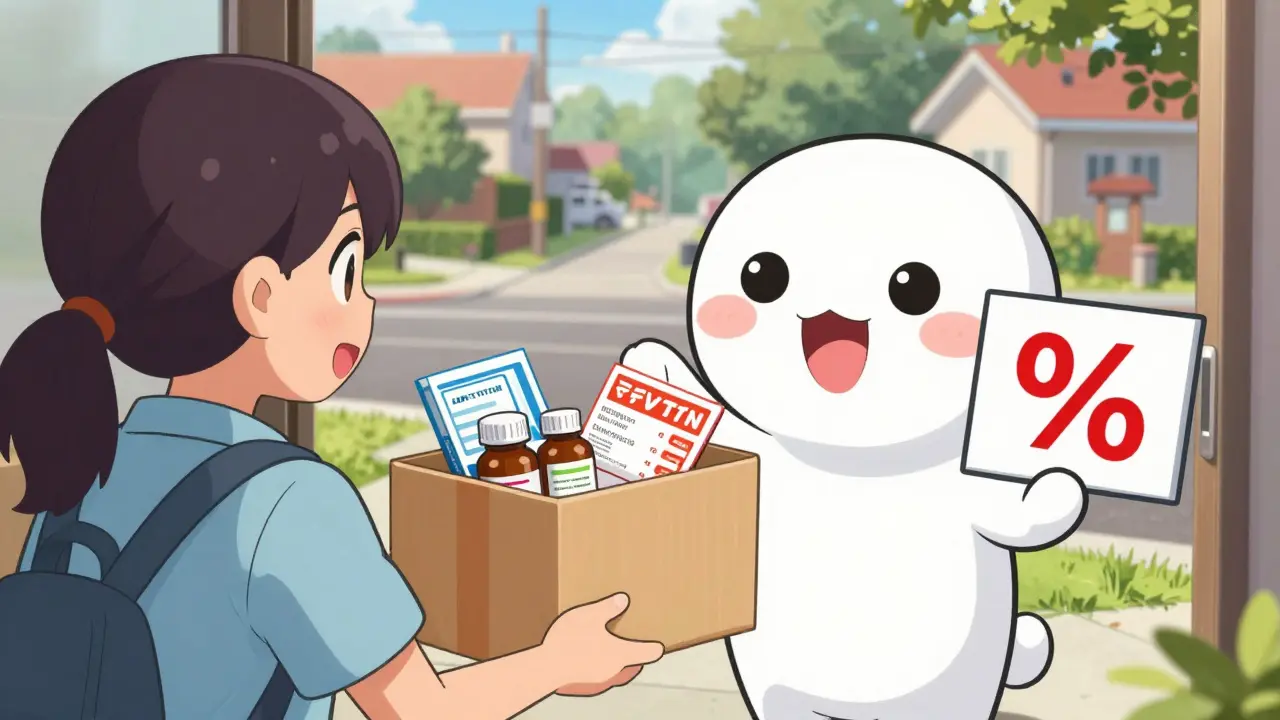 Happy anime character receiving discounted medicine package