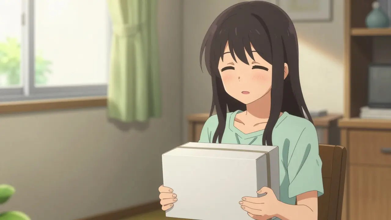 Happy anime girl holding a discreet medicine package at home